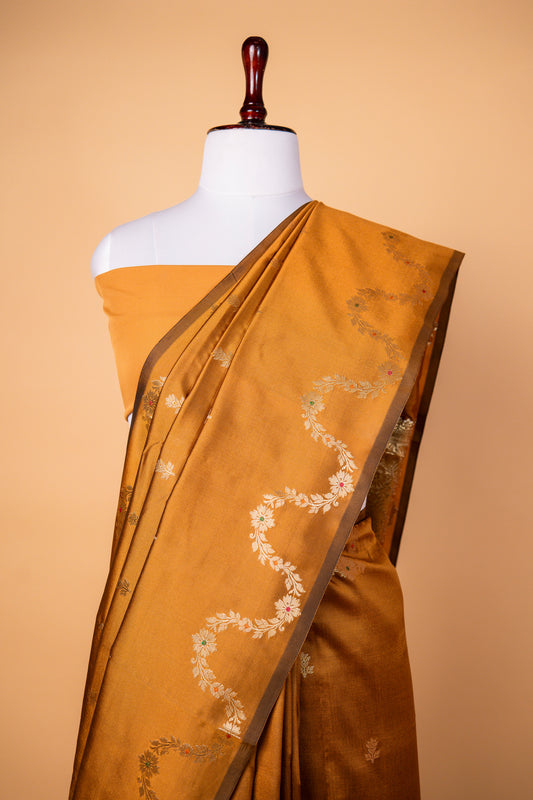Banarasi Elegant Mustard Gold Paper Silk Saree with Floral Weaving Border