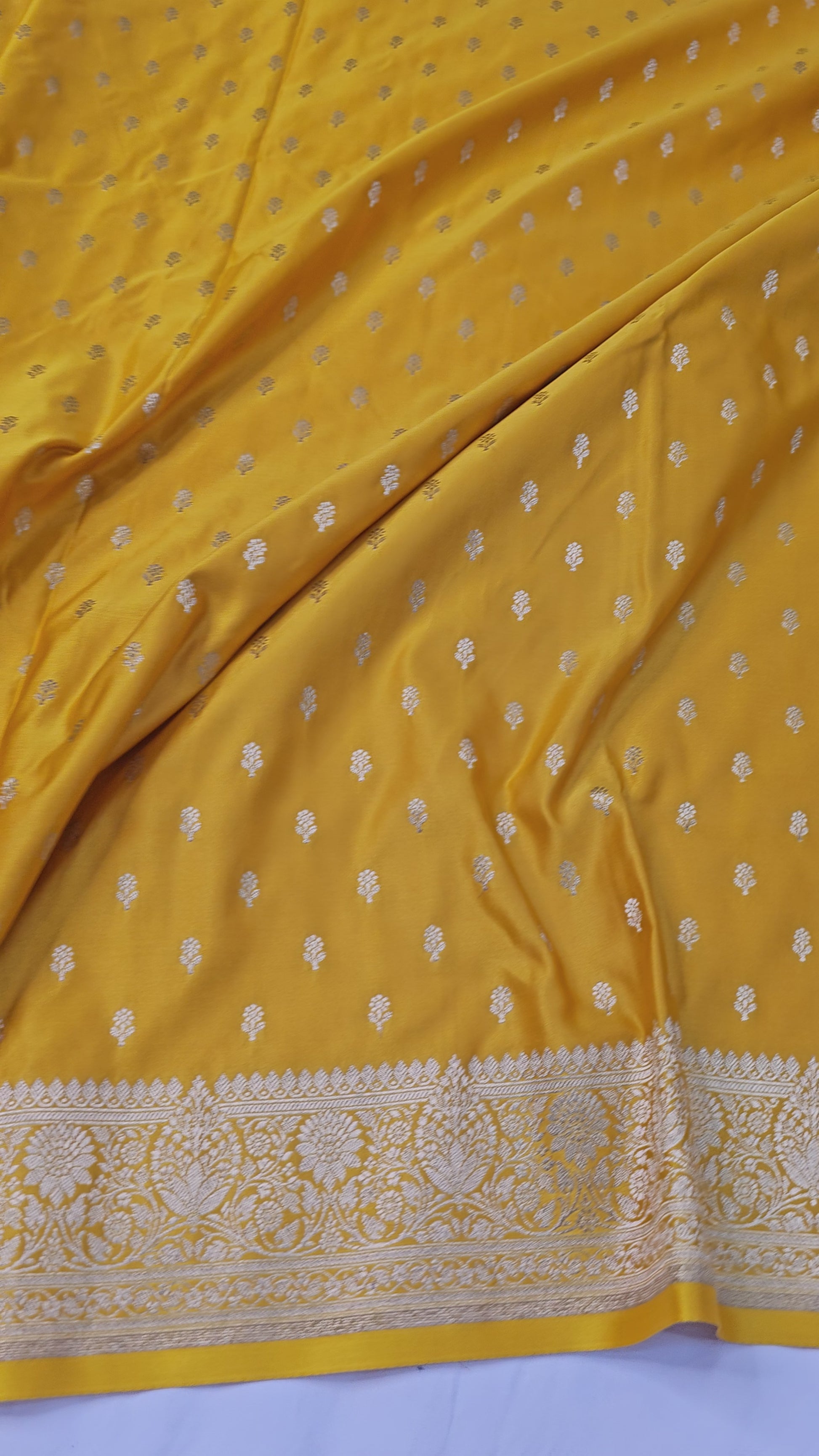 Banarasi Musterd Yellow Mashru Silk Saree with Silver Zari Floral Weaving