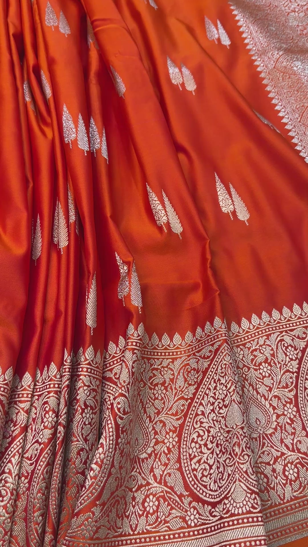 Banarasi Premium Rust Orange Mashru Silk Saree with Silver Zari Floral Pallu & Paisley Border