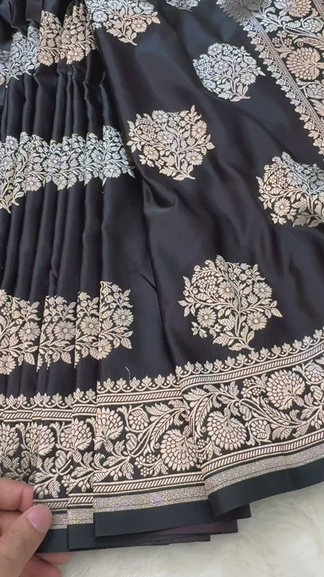 Banarasi Premium Black Mashru Silk Saree with Silver Zari Woven Paisley Pallu & Floral Border