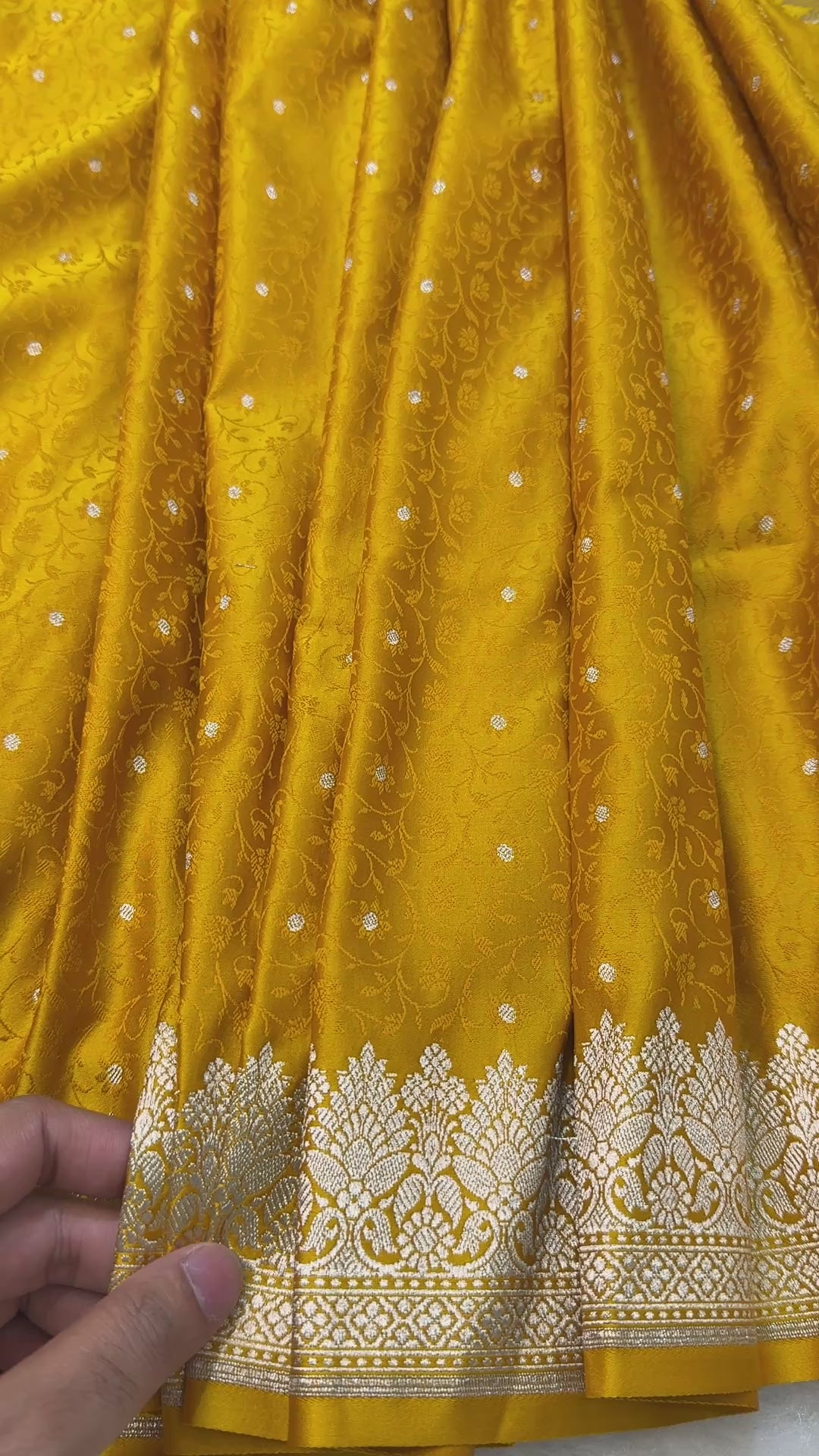 Banarasi Premium Mustard Yellow Mashru Silk Saree with Silver Zari Paisley Woven Pallu & Rich Floral Border