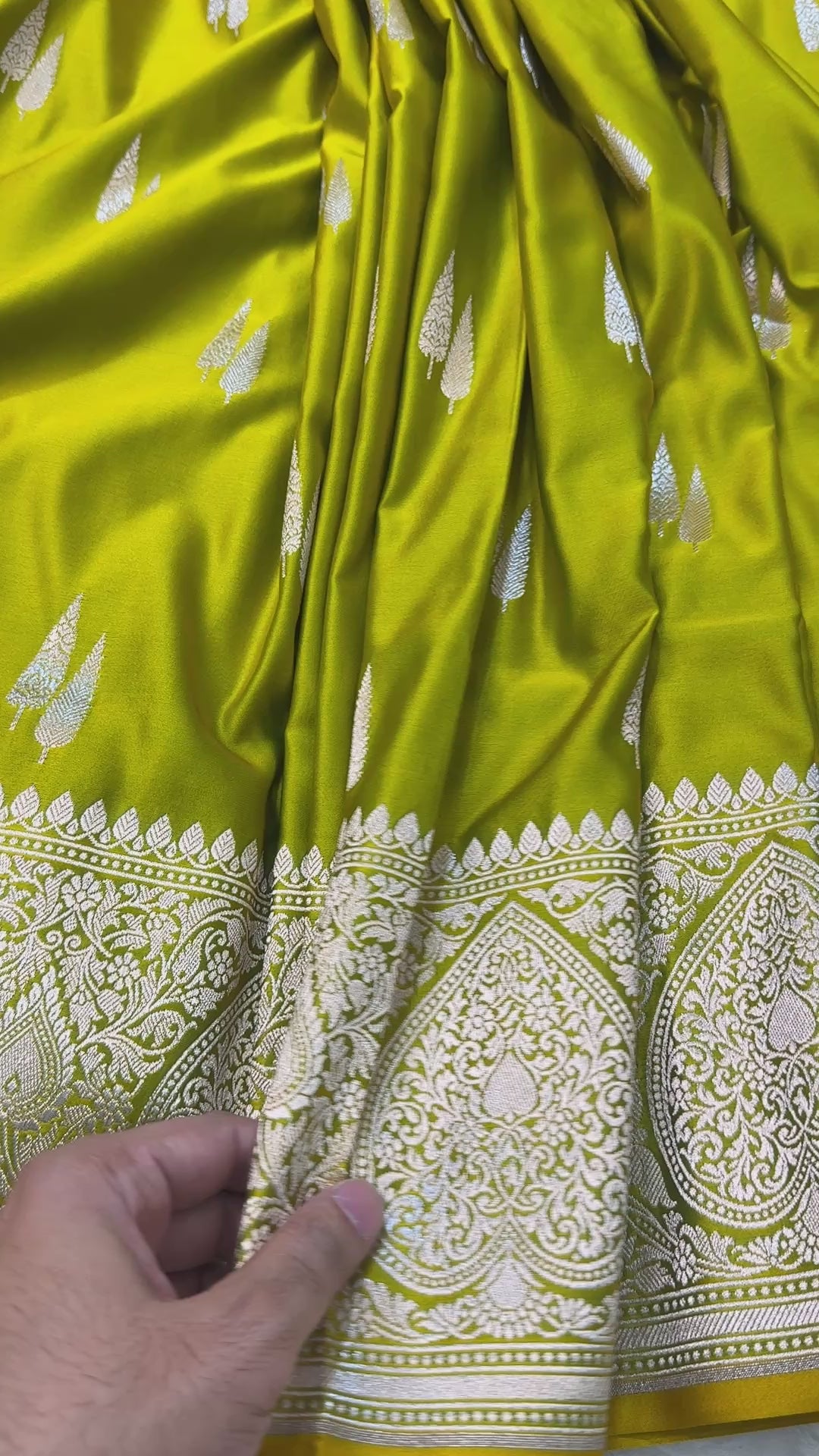 Banarasi Lime Green Mashru Silk Saree with Rich Silver Zari Floral Jaal & Paisley Border