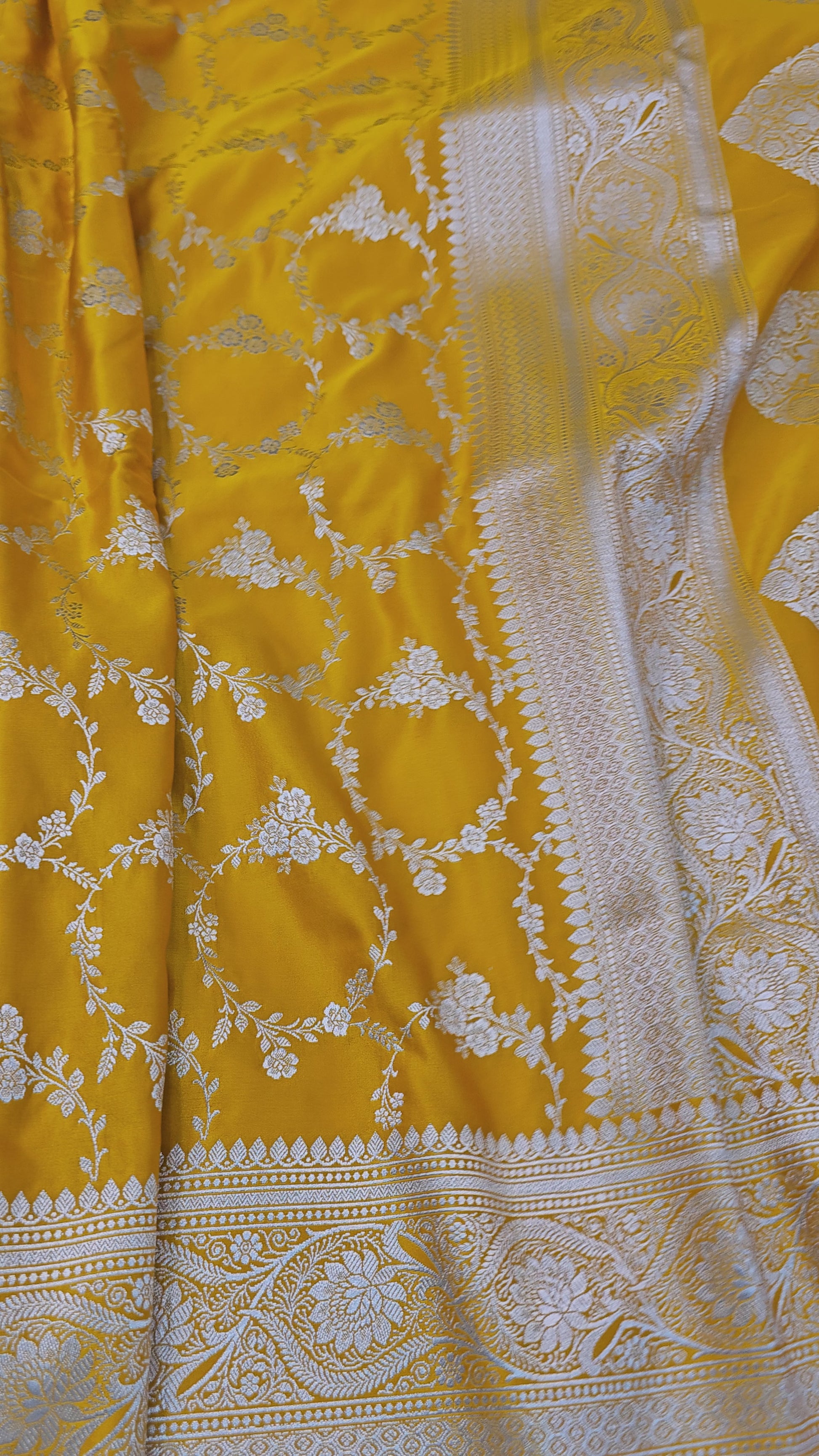 Banarasi Musterd Yellow Mashru Silk Saree with Silver Zari Floral Weaving