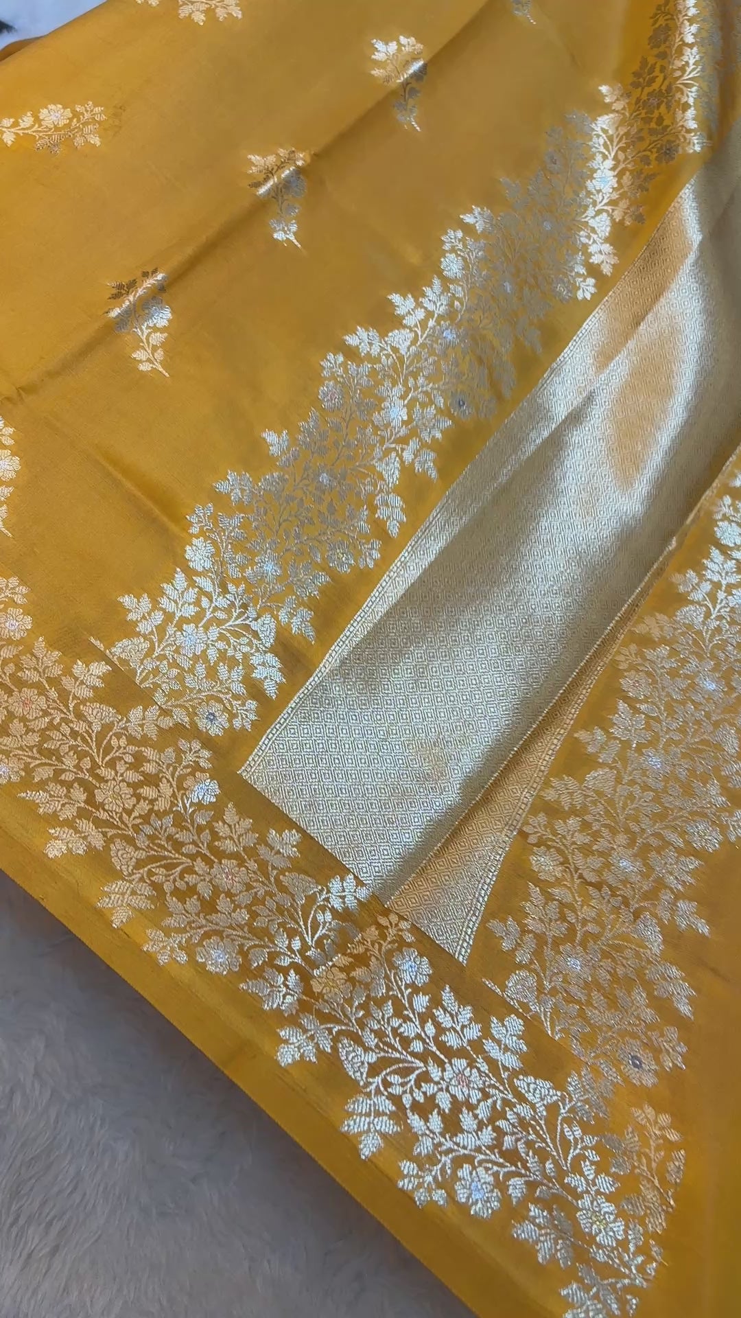 Banarasi Premium Pure Chiniya Silk Saree in Mustard Yellow with Silver Zari Floral Weaving & Rich Woven Pallu