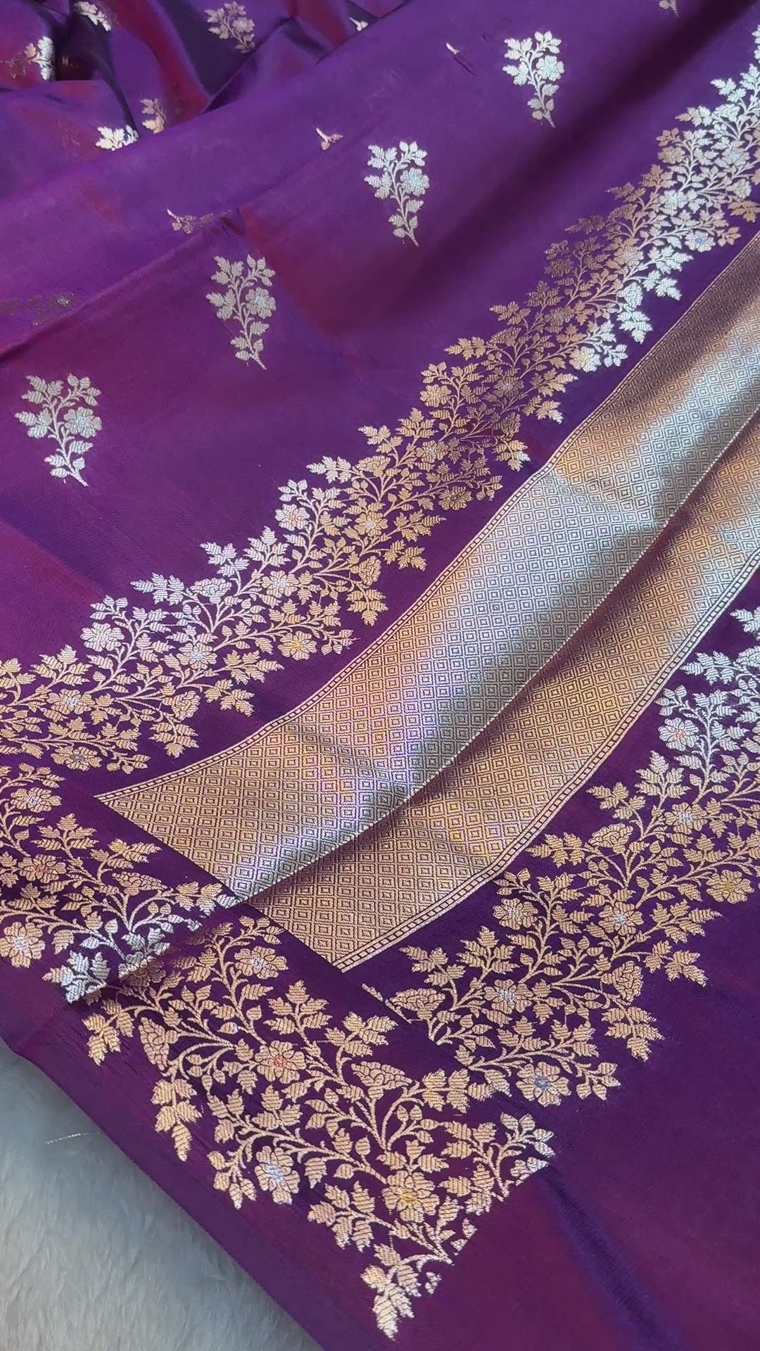 Banarasi Premium Pure Chiniya Silk Saree in Deep Wine Purple with Silver Zari Floral Weaving & Rich Woven