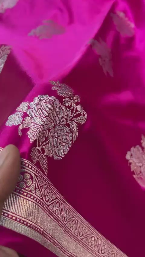 Magenta Pure Banarasi Mashru Silk Saree with Elegant Zari Buttas