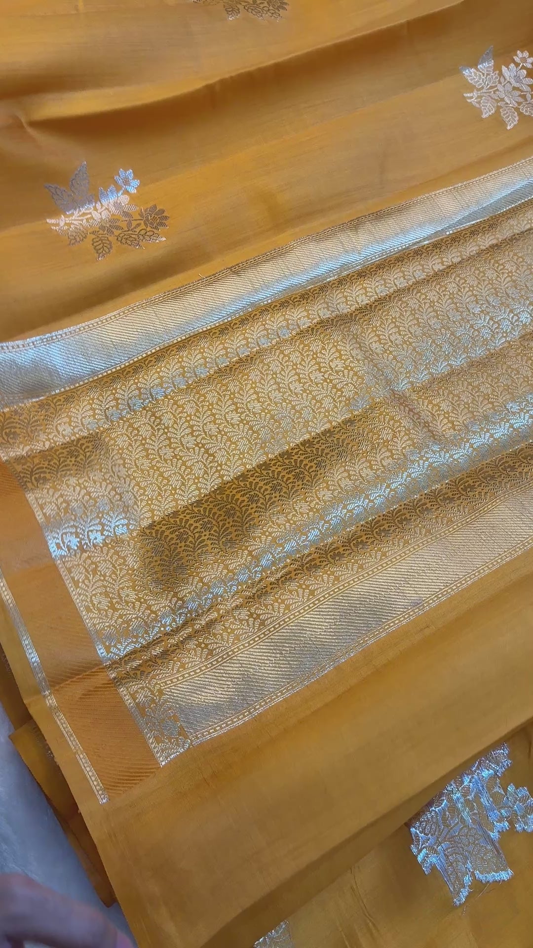 Banarasi Pure Chiniya Silk Saree in Mustard Gold with Silver Zari Floral Butti & Rich Woven Pallu