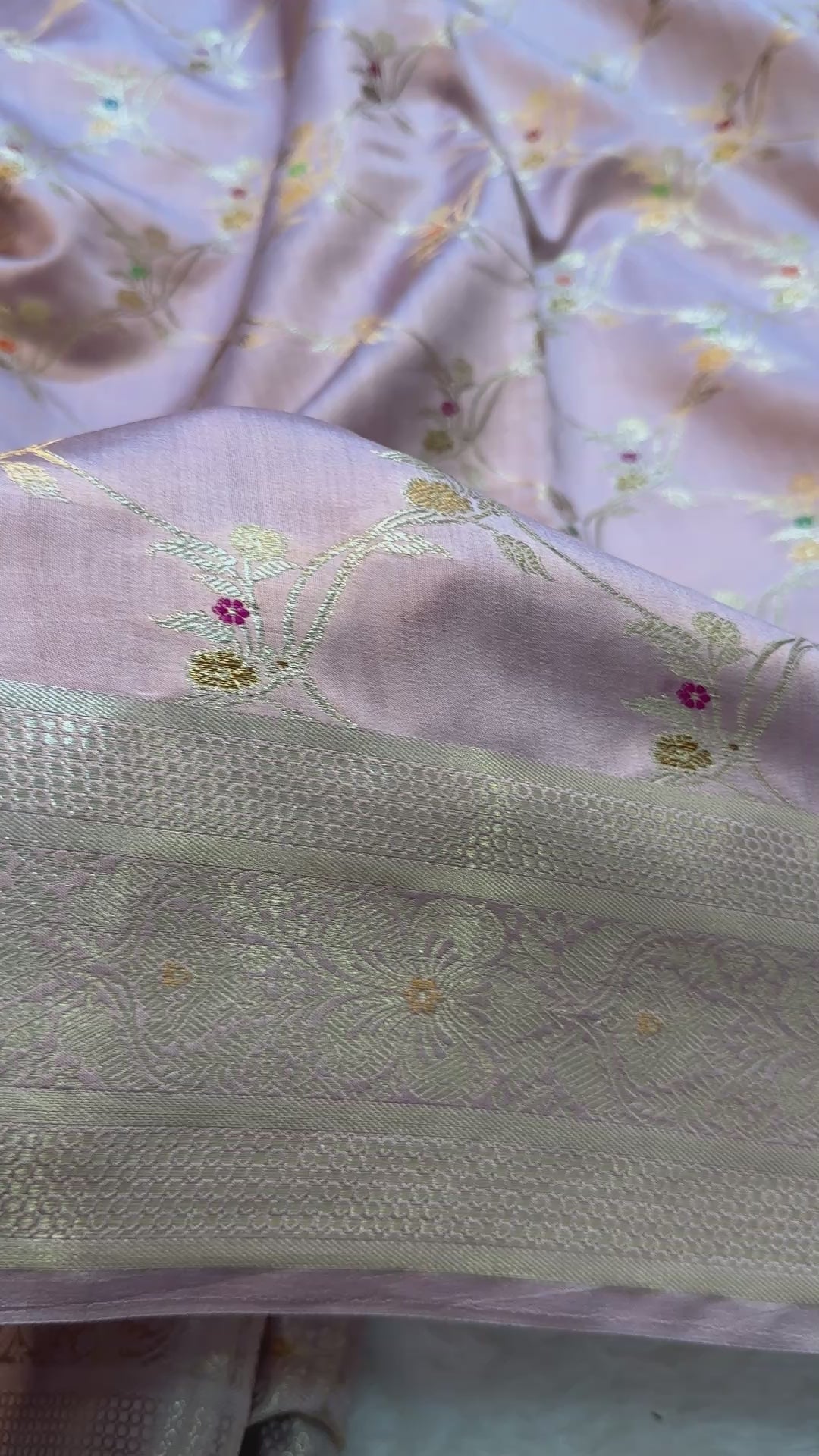 Banarasi Premium Pure Chiniya Silk Saree in Blush Pink with Multicolor Meena Floral Weaving & Rich Silver Zari Pallu