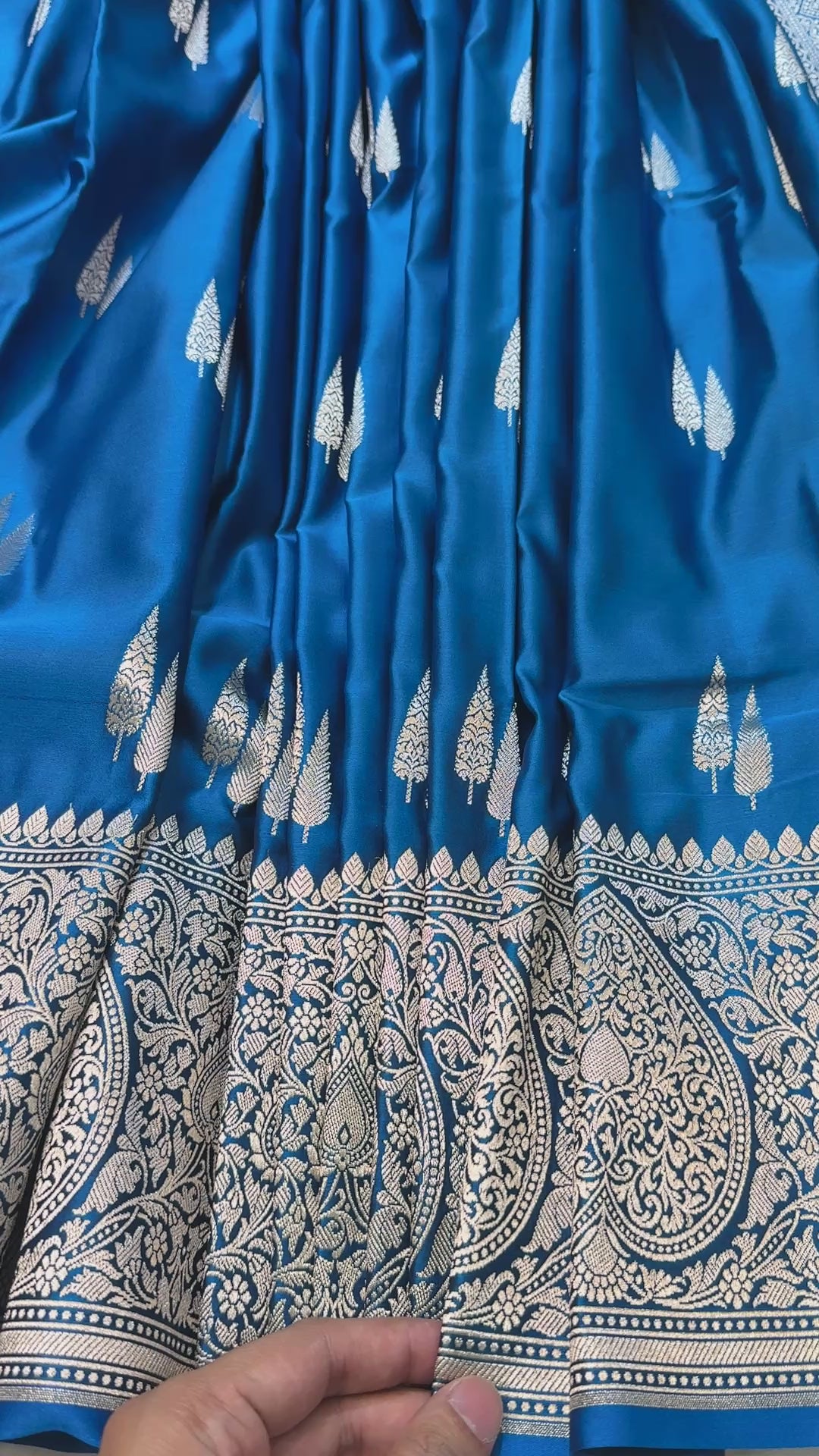 Banarasi Royal Blue Mashru Silk Saree with Silver Zari Floral Jaal & Paisley Border