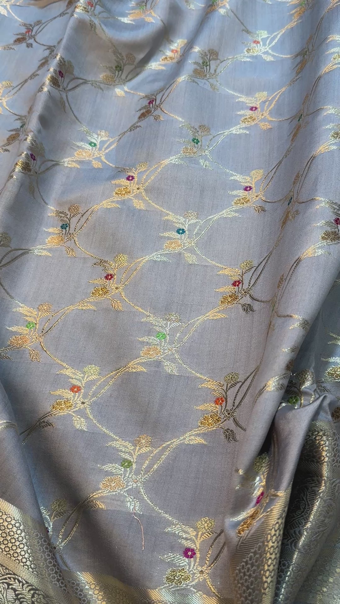 Banarasi Premium Pure Chiniya Silk Saree in Pearl Grey with Multicolor Meena Floral Weaving & Rich Silver Zari Pallu