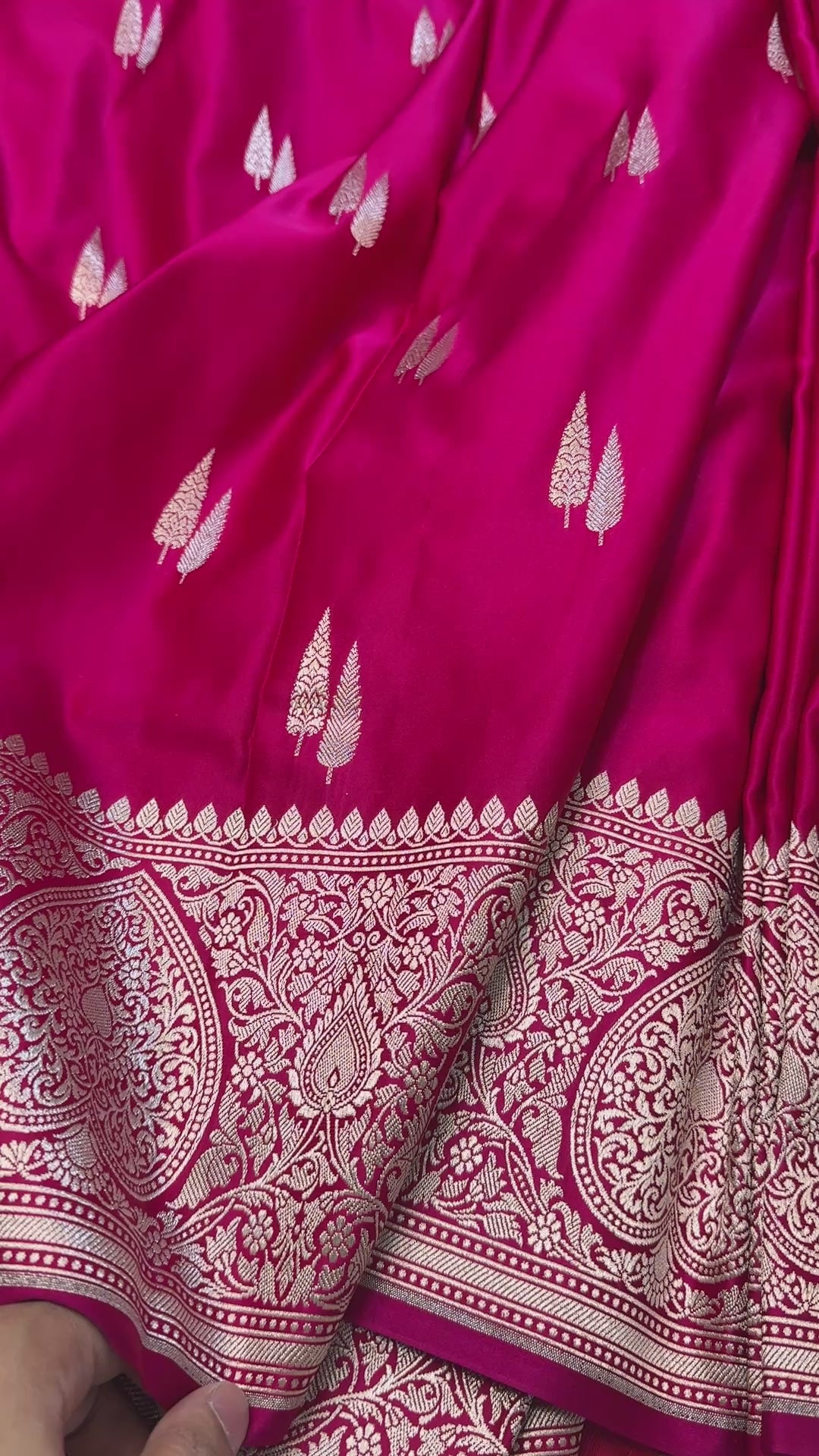 Banarasi Rani Pink Mashru Silk Saree with Silver Zari Floral Jaal & Paisley Border